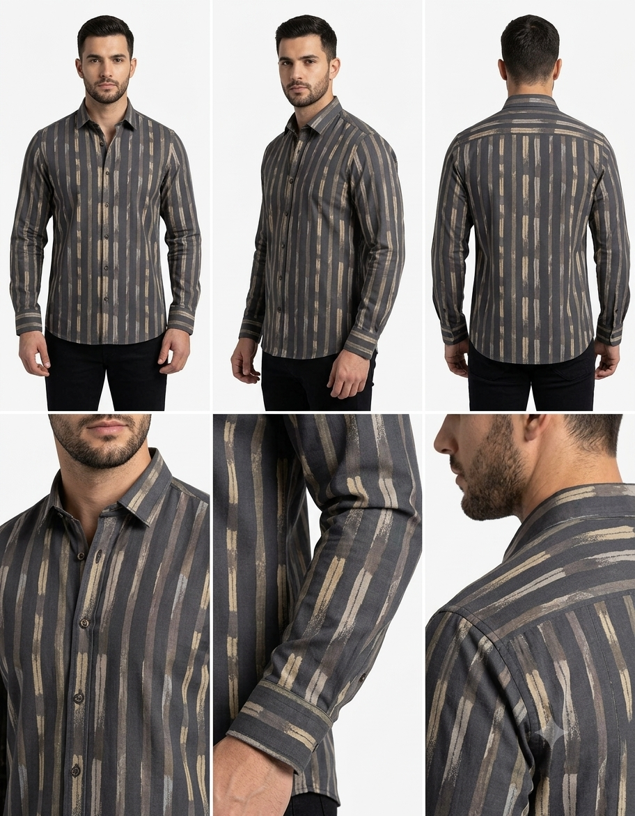 Men's Charcoal Tan Brushstroke Striped Shirt – Slim Fit Full Sleeve
