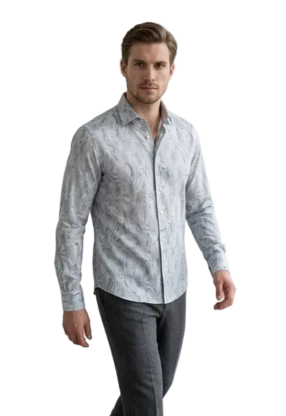 Men's Light Grey Abstract Print Shirt – Slim Fit Spread Collar