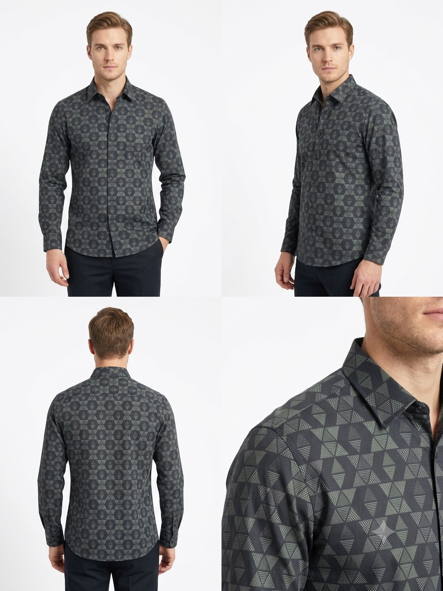 Men's Charcoal Geometric Print Shirt – Slim Fit Full Sleeve