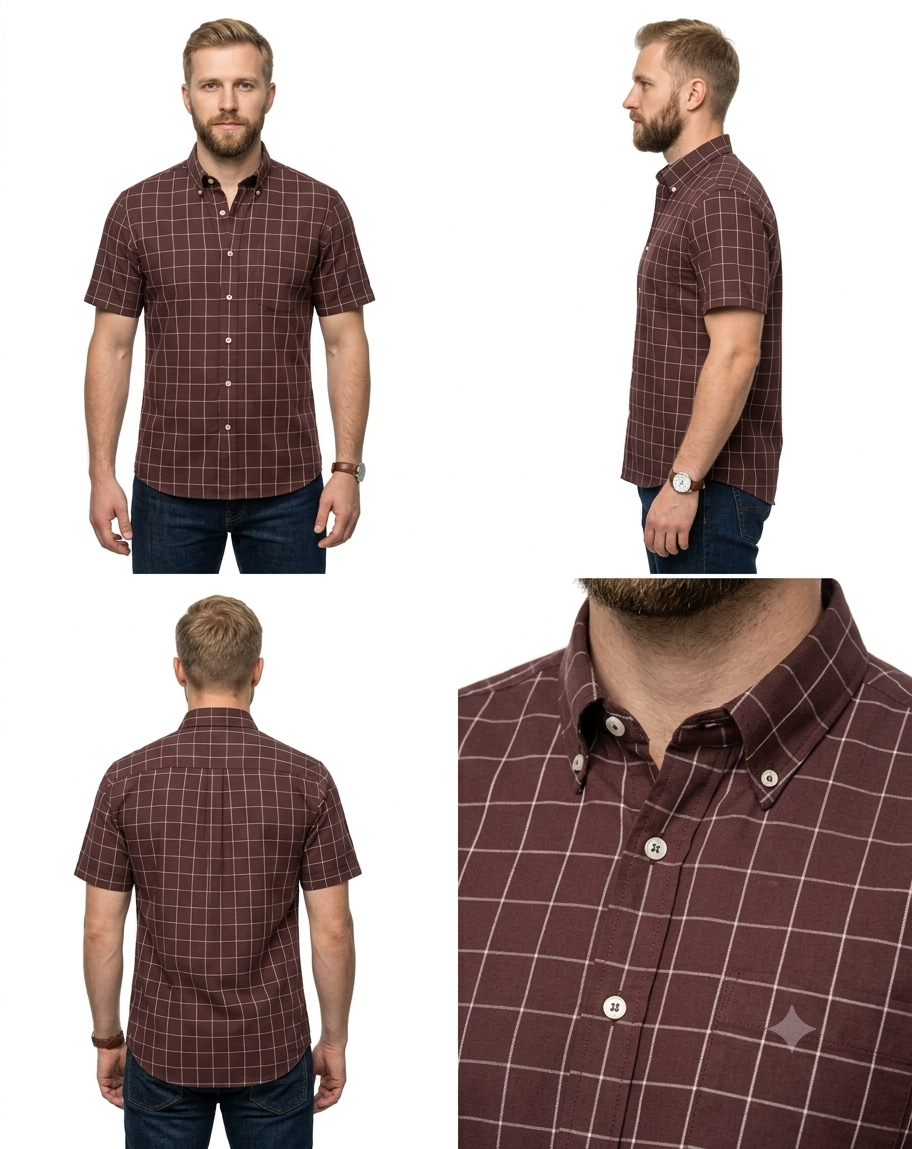 Men's Burgundy Windowpane Check Short Sleeve Shirt – Button-Down Casual Fit