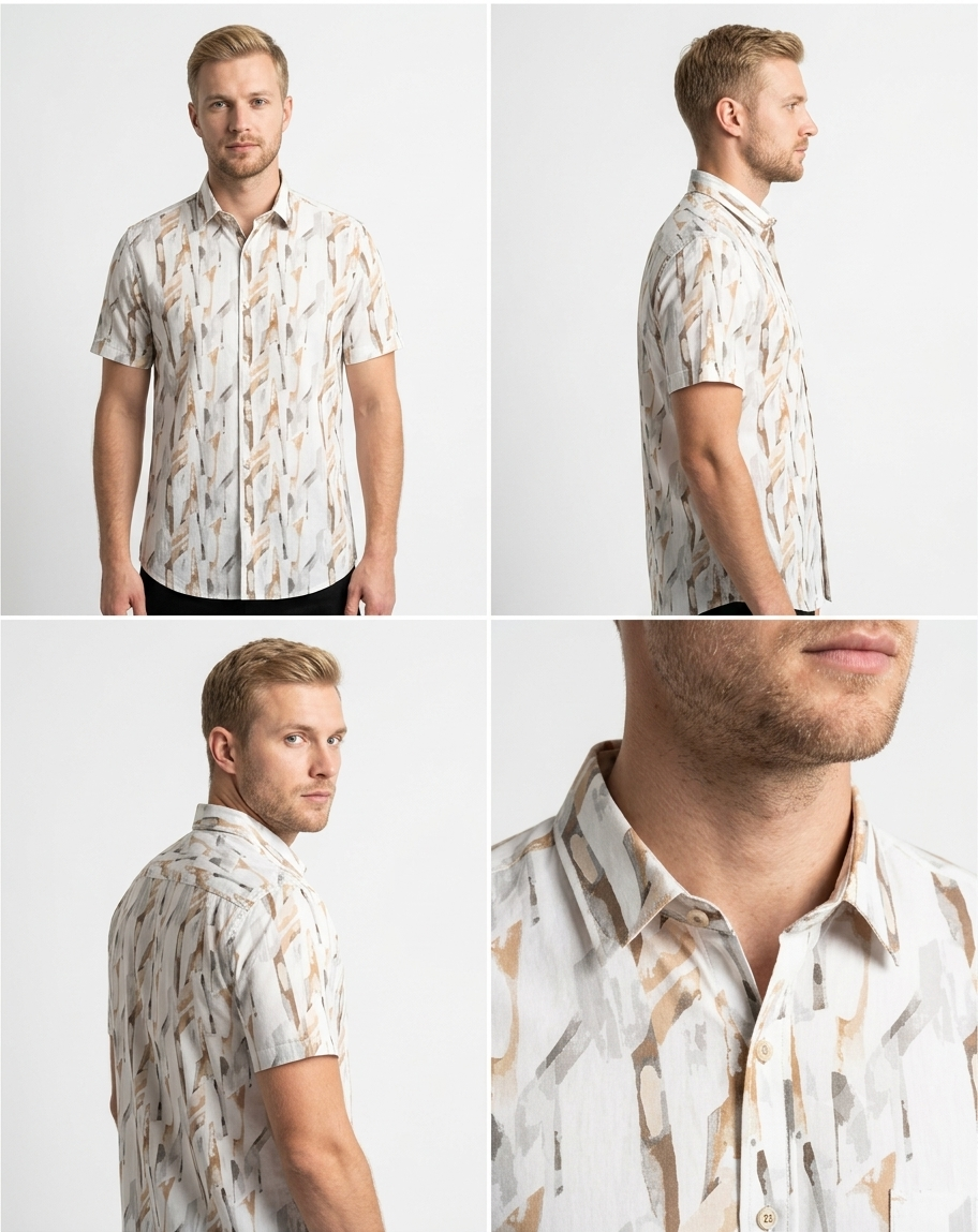 Men's Cream Abstract Print Short Sleeve Shirt – Smart Casual Fit