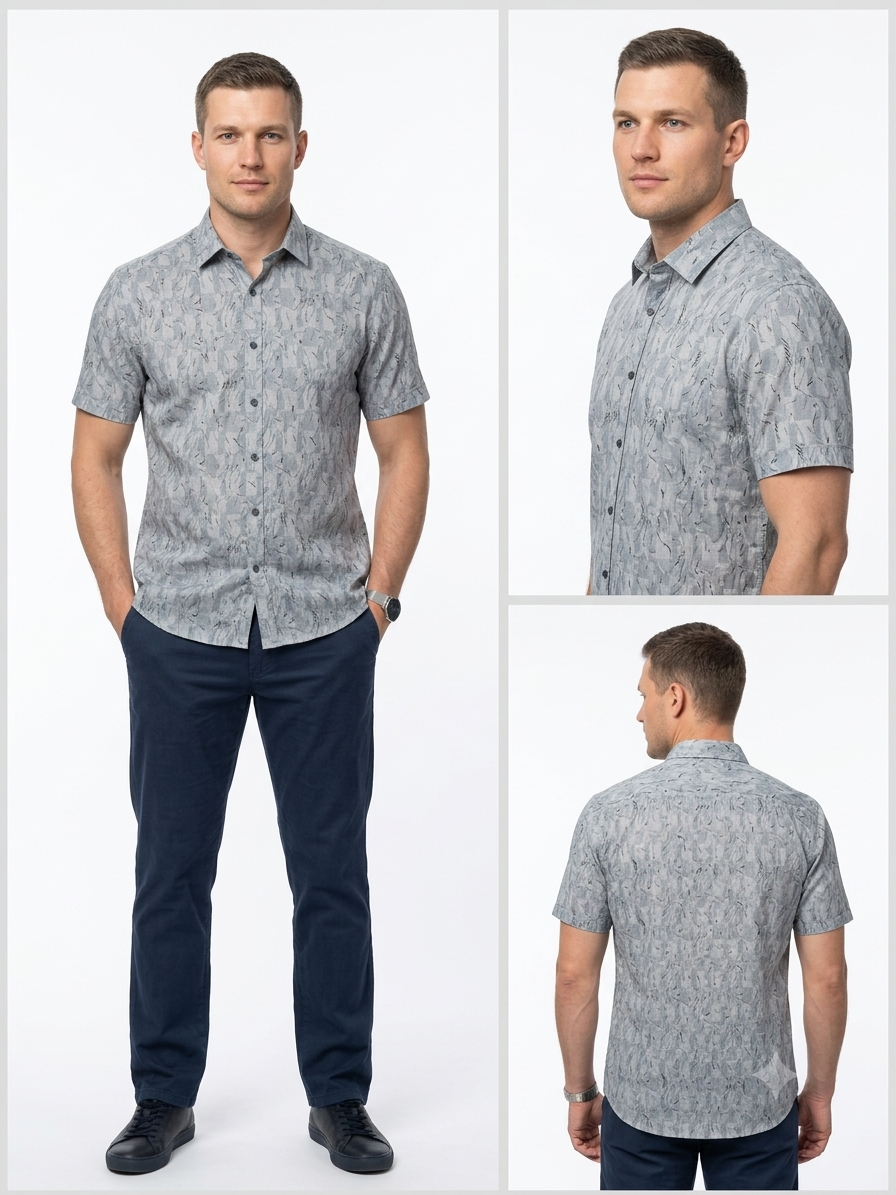 Men's Grey Printed Short Sleeve Shirt – Smart Casual Fit