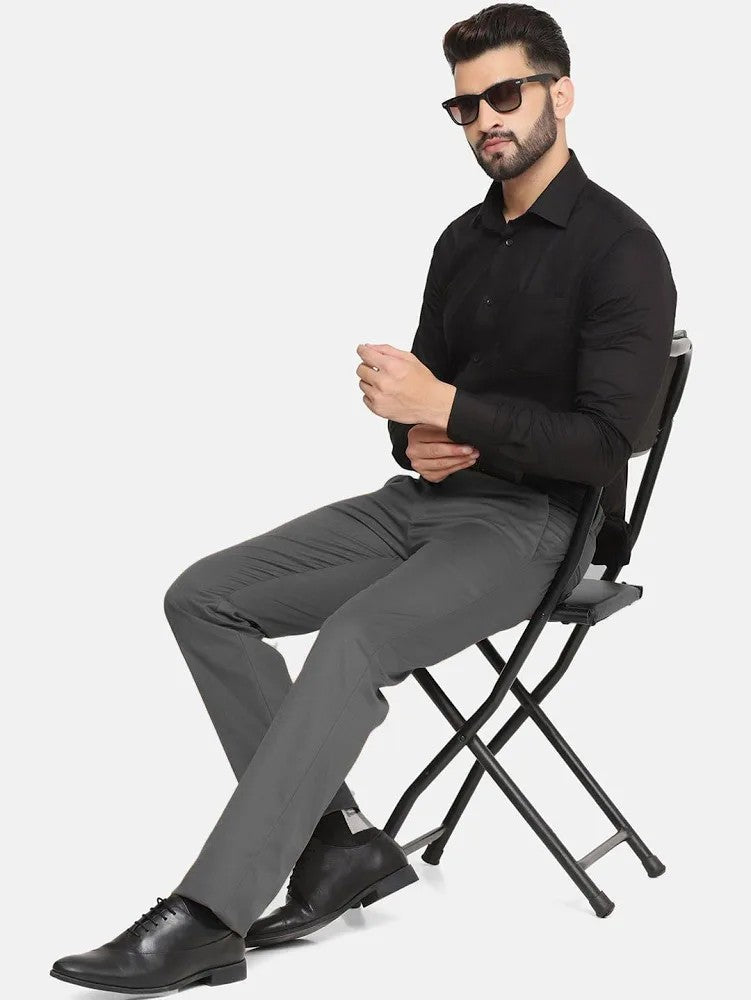 Men's Dark Grey 2-Way Stretch Formal Trousers – Regular Fit Flat Front