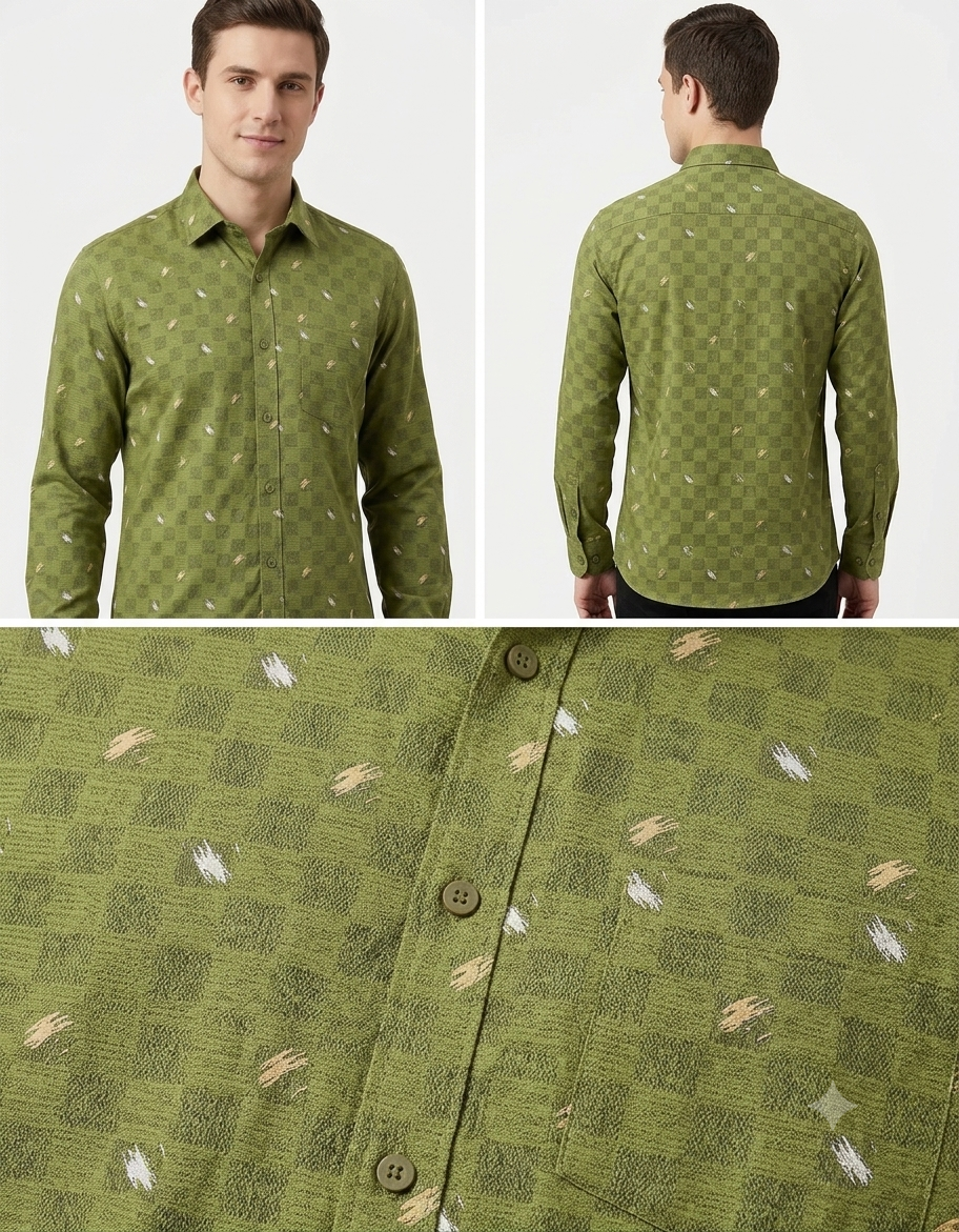 Men's Olive Green Checkerboard Print Shirt – Regular Fit Full Sleeve