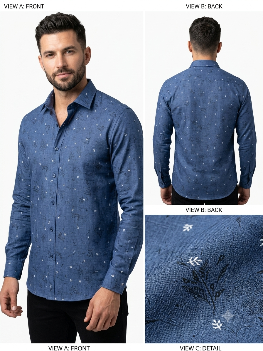 Men's Blue Textured Floral Print Shirt – Slim Fit Full Sleeve