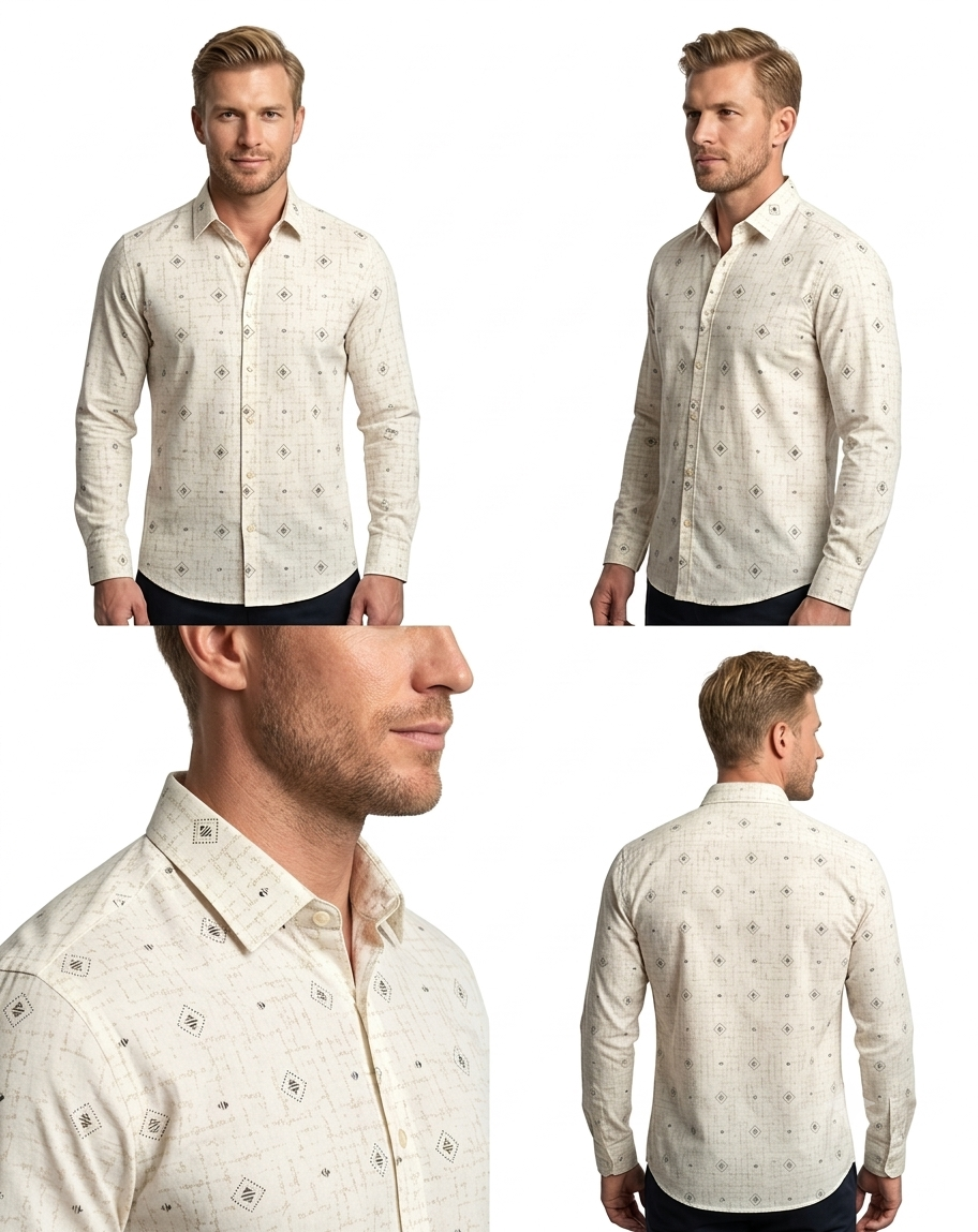 Men's Cream Diamond Print Shirt – Slim Fit Full Sleeve