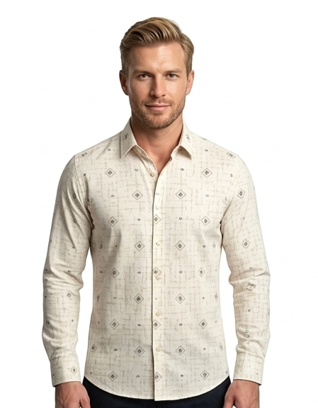 Men's Cream Diamond Print Shirt – Slim Fit Full Sleeve