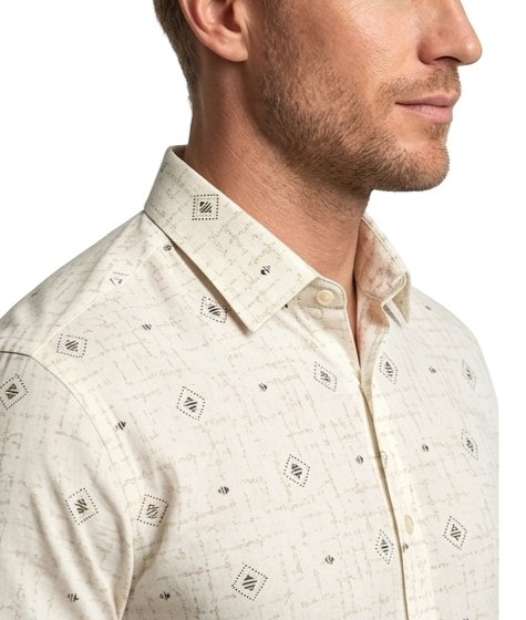 Men's Cream Diamond Print Shirt – Slim Fit Full Sleeve