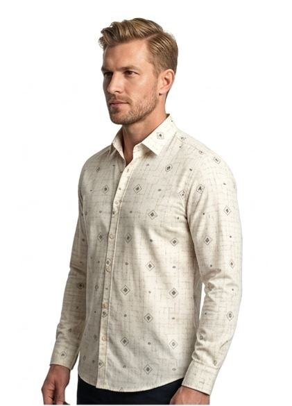 Men's Cream Diamond Print Shirt – Slim Fit Full Sleeve