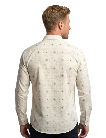 Men's Cream Diamond Print Shirt – Slim Fit Full Sleeve