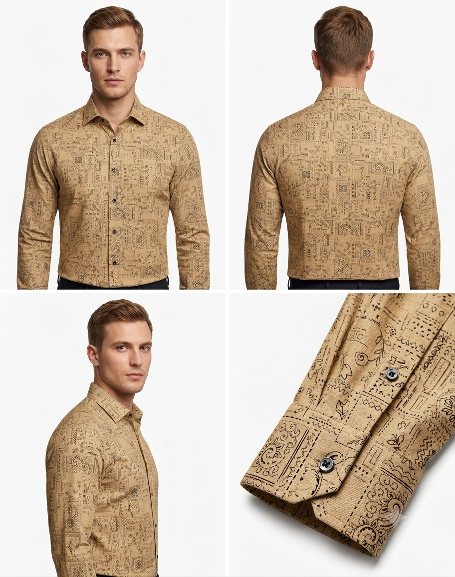 Camel Beige Architectural Map Print Shirt