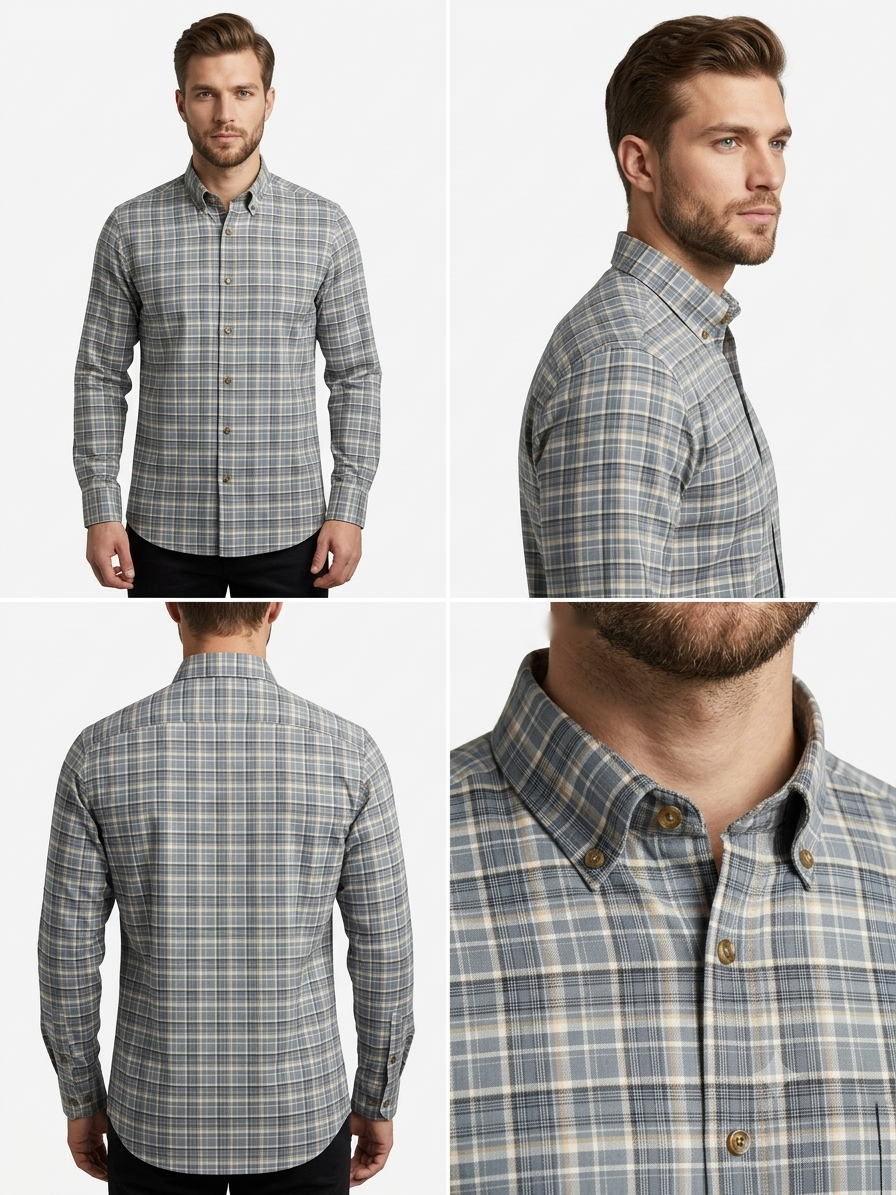 Men's Grey Multi-Check Shirt – Slim Fit Button-Down