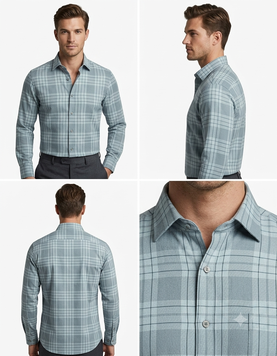 Men's Sage Blue-Grey Plaid Shirt – Slim Fit Full Sleeve