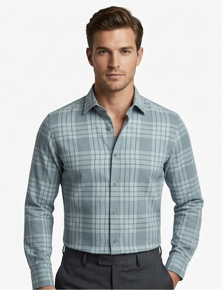 Men's Sage Blue-Grey Plaid Shirt – Slim Fit Full Sleeve