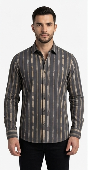 Men's Charcoal Tan Brushstroke Striped Shirt – Slim Fit Full Sleeve