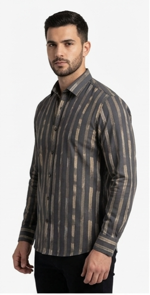 Men's Charcoal Tan Brushstroke Striped Shirt – Slim Fit Full Sleeve