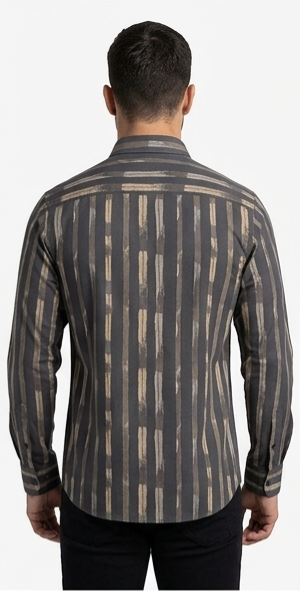 Men's Charcoal Tan Brushstroke Striped Shirt – Slim Fit Full Sleeve