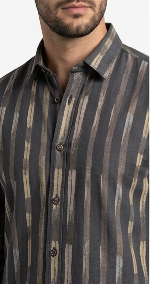 Men's Charcoal Tan Brushstroke Striped Shirt – Slim Fit Full Sleeve