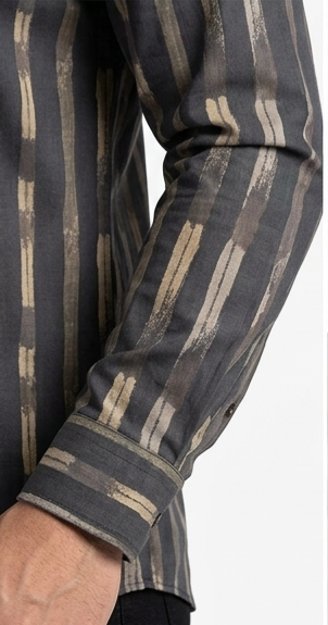 Men's Charcoal Tan Brushstroke Striped Shirt – Slim Fit Full Sleeve
