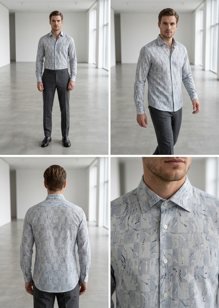 Men's Light Grey Abstract Print Shirt – Slim Fit Spread Collar