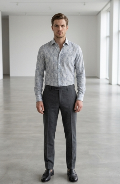Men's Light Grey Abstract Print Shirt – Slim Fit Spread Collar