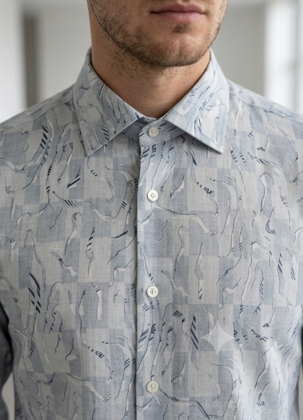 Men's Light Grey Abstract Print Shirt – Slim Fit Spread Collar
