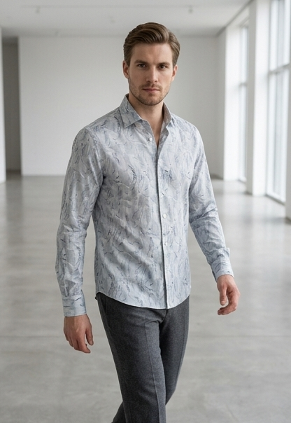 Men's Light Grey Abstract Print Shirt – Slim Fit Spread Collar