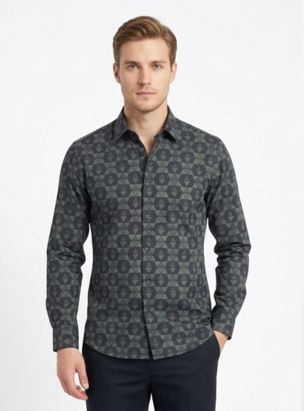 Men's Charcoal Geometric Print Shirt – Slim Fit Full Sleeve