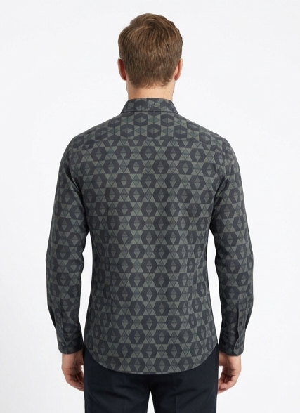 Men's Charcoal Geometric Print Shirt – Slim Fit Full Sleeve