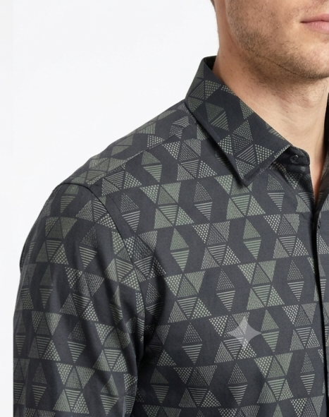 Men's Charcoal Geometric Print Shirt – Slim Fit Full Sleeve
