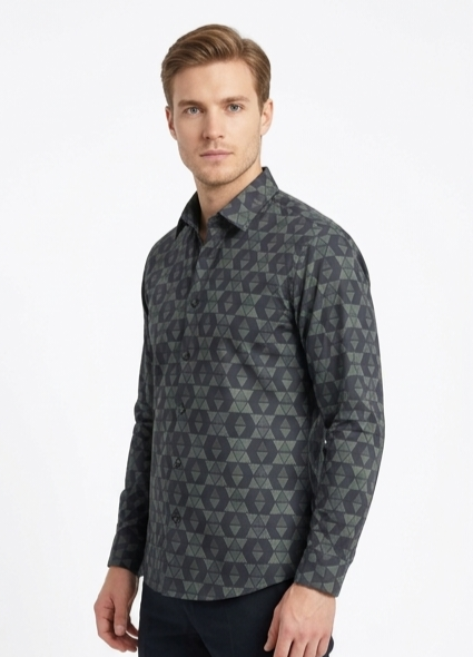 Men's Charcoal Geometric Print Shirt – Slim Fit Full Sleeve