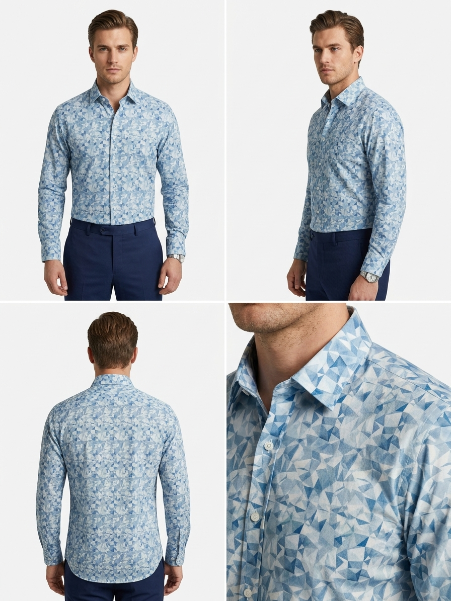 Men's Blue Geometric Print Shirt – Slim Fit Full Sleeve