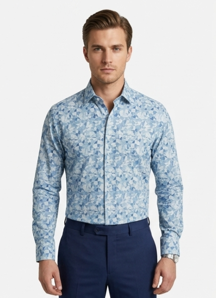 Men's Blue Geometric Print Shirt – Slim Fit Full Sleeve