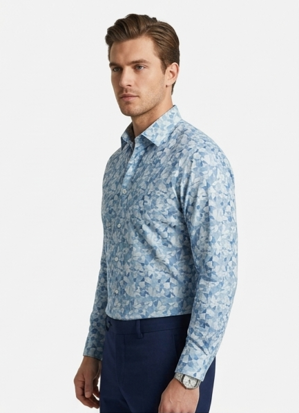 Men's Blue Geometric Print Shirt – Slim Fit Full Sleeve