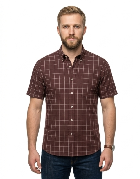 Men's Burgundy Windowpane Check Short Sleeve Shirt – Button-Down Casual Fit