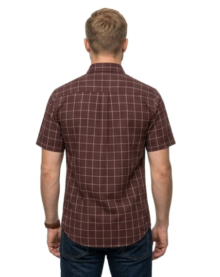 Men's Burgundy Windowpane Check Short Sleeve Shirt – Button-Down Casual Fit