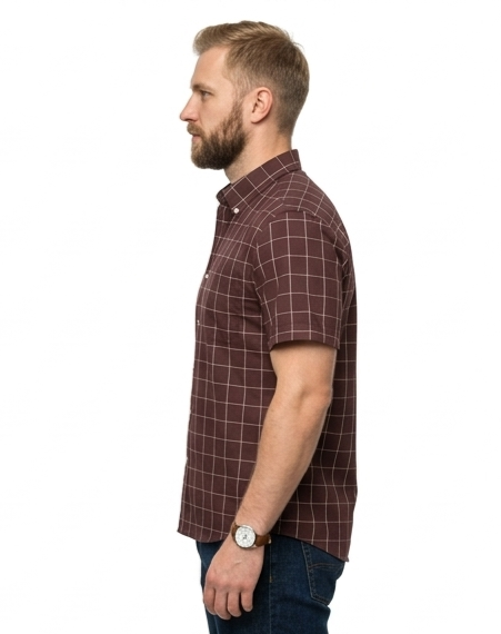 Men's Burgundy Windowpane Check Short Sleeve Shirt – Button-Down Casual Fit