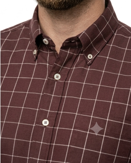 Men's Burgundy Windowpane Check Short Sleeve Shirt – Button-Down Casual Fit