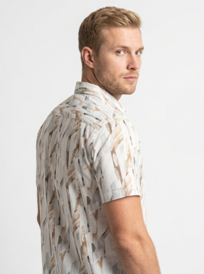 Men's Cream Abstract Print Short Sleeve Shirt – Smart Casual Fit
