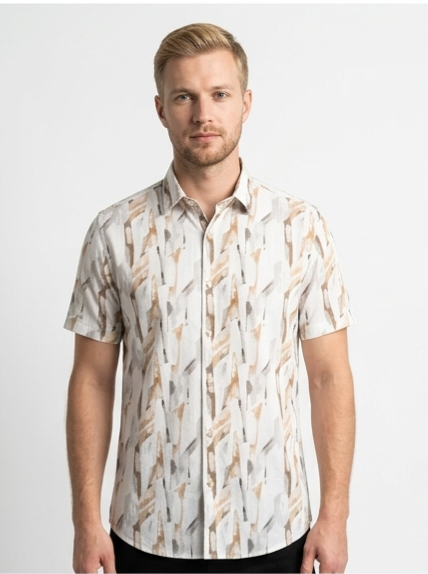 Men's Cream Abstract Print Short Sleeve Shirt – Smart Casual Fit