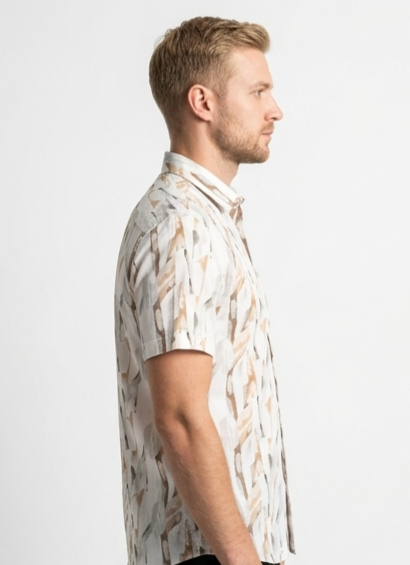 Men's Cream Abstract Print Short Sleeve Shirt – Smart Casual Fit