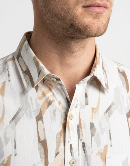 Men's Cream Abstract Print Short Sleeve Shirt – Smart Casual Fit