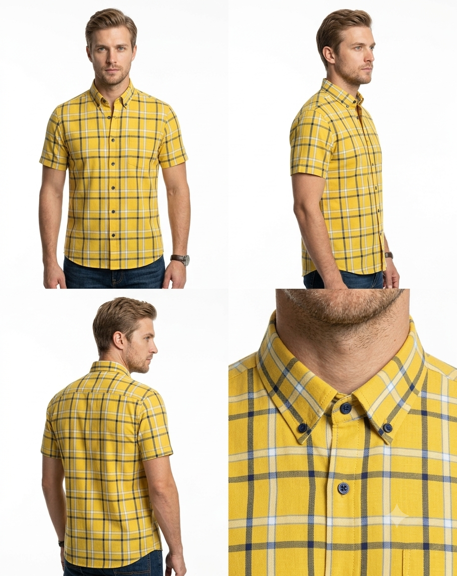 Men's Yellow Plaid Short Sleeve Shirt – Button-Down Casual Fit