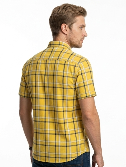 Men's Yellow Plaid Short Sleeve Shirt – Button-Down Casual Fit