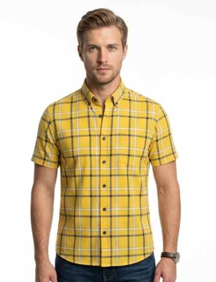 Men's Yellow Plaid Short Sleeve Shirt – Button-Down Casual Fit