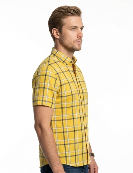 Men's Yellow Plaid Short Sleeve Shirt – Button-Down Casual Fit