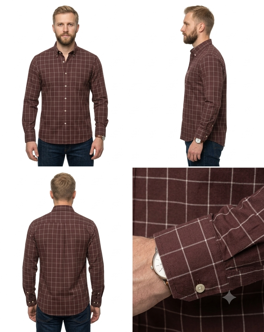 Men's Burgundy Windowpane Check Shirt – Slim Fit Button-Down