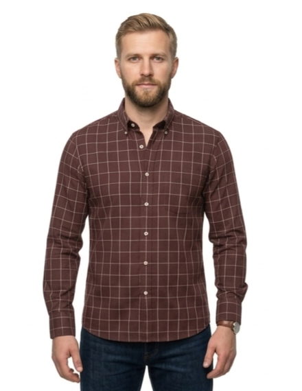 Men's Burgundy Windowpane Check Shirt – Slim Fit Button-Down