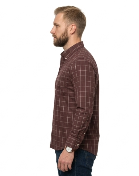 Men's Burgundy Windowpane Check Shirt – Slim Fit Button-Down