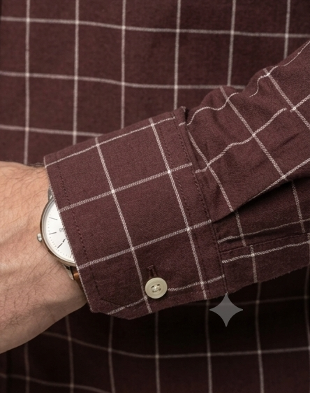 Men's Burgundy Windowpane Check Shirt – Slim Fit Button-Down